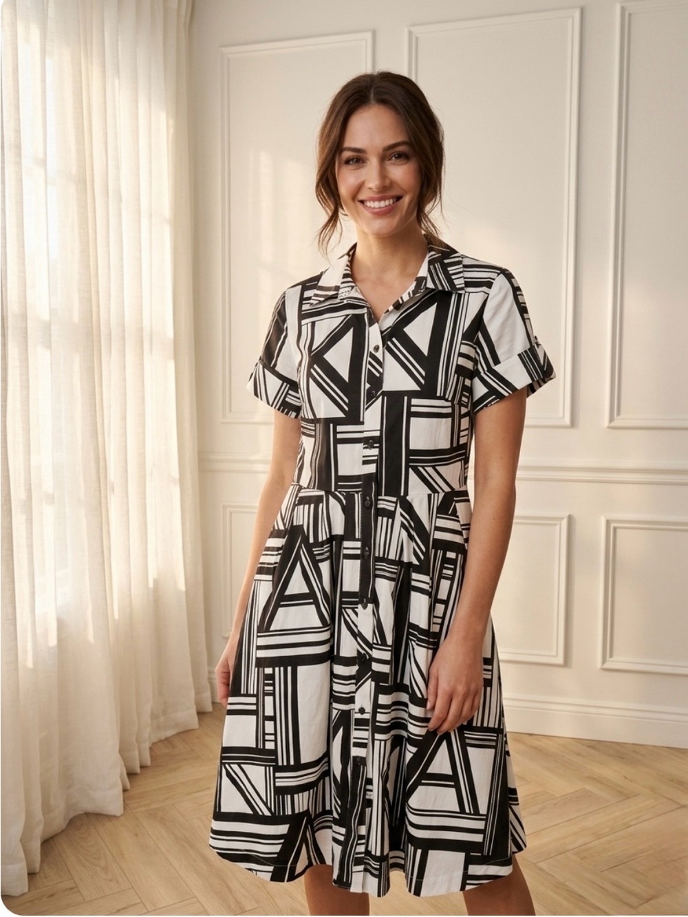 Karl Lagerfeld Paris Bold‎ Geometric Midi Shirt Dress, Black & White, Size 6